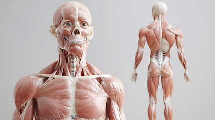 Muscular System with Skin Transparencies: A semi-transparent view of the human body, showing the muscular system beneath the skin for a detailed anatomical study.
