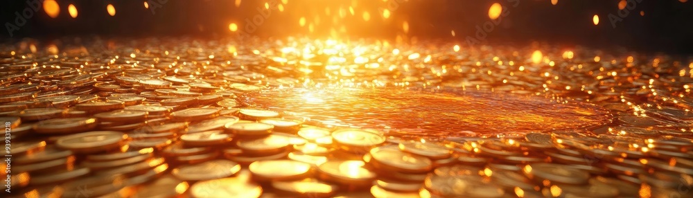 Poster a stunning display of shimmering coins reflecting warm light, creating a mesmerizing ambiance of wea