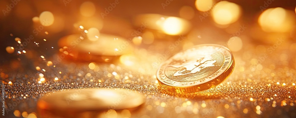 Poster shimmering golden coins scattered on a bed of light, creating a mesmerizing effect of wealth and pro