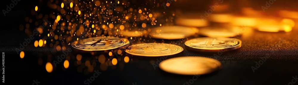 Poster A close-up view of shining coins with shimmering particles, evoking a sense of wealth and prosperity in a captivating atmosphere.