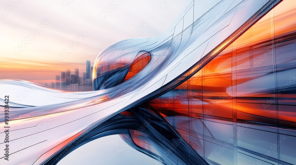 Poster futuristic architectural abstract, modern design with dynamic lines and vibrant colors, cityscape in