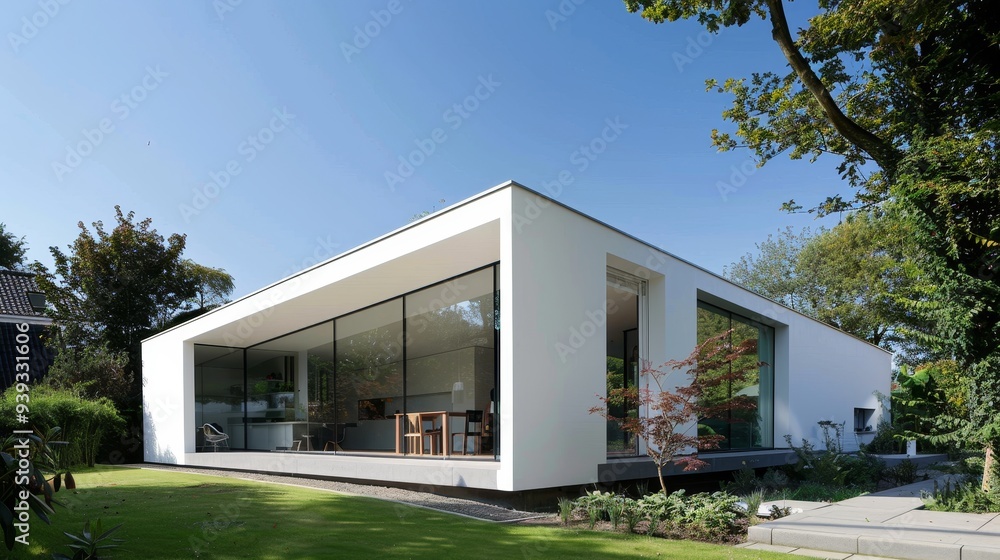 Poster A beautiful minimalistic modern one-story house with large windows and a lush garden, showcasing simplicity and elegant contemporary design.