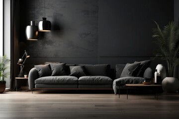Modern dark home interior background, wall mock up, 3d render