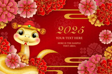 Chinese new year of cute cartoon snake and round peony flower curve wave