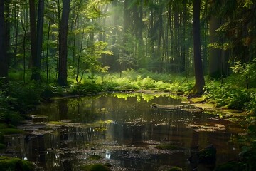 Obraz premium Beautiful green forest with a pond in the morning