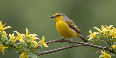 a bird perched on a flowering branch. Sublime and touching scene, representing the wonders of nature.