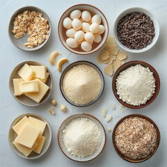 Cake ingredients laid out on a kitchen counter, isolated on white, representing the planning and organization involved in baking. top view. Generative AI.