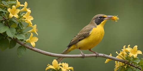 a bird perched on a flowering branch. Sublime and touching scene, representing the wonders of nature.
