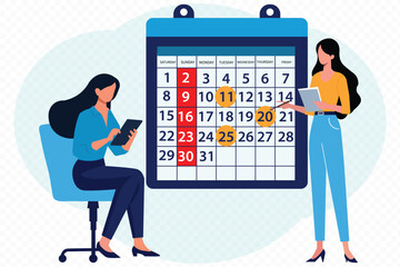 Calendar planning Two casual business people looking at smartphone app making plan for work project. Flat design vector illustration