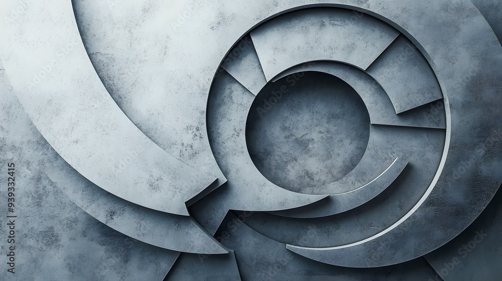 Poster 67. futuristic 3d render of overlapping geometric figures against a textured ceramic circle backgrou