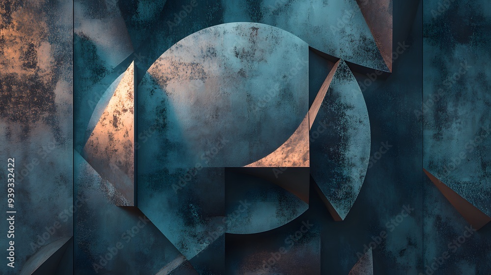 Poster 67. futuristic 3d render of overlapping geometric figures against a textured ceramic circle backgrou