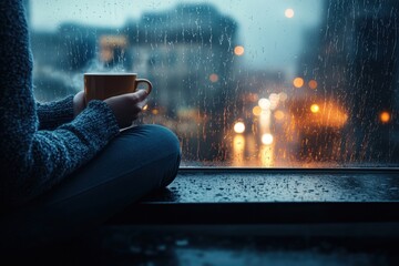 A person sits by the window holding a hot drink, overlooking a cityscape illuminated by evening lights as raindrops cover the glass on a quiet, rainy night.