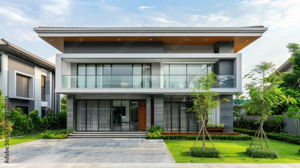 Poster A contemporary two-story house featuring expansive glass windows, a well-manicured front yard, and sleek architectural design.