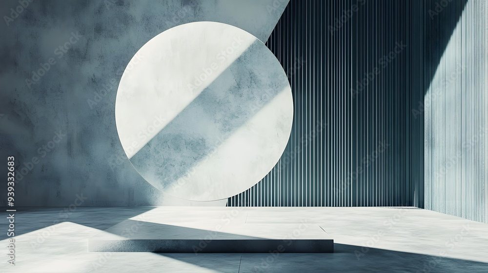 Poster 67. futuristic 3d render of overlapping geometric figures against a textured ceramic circle backgrou