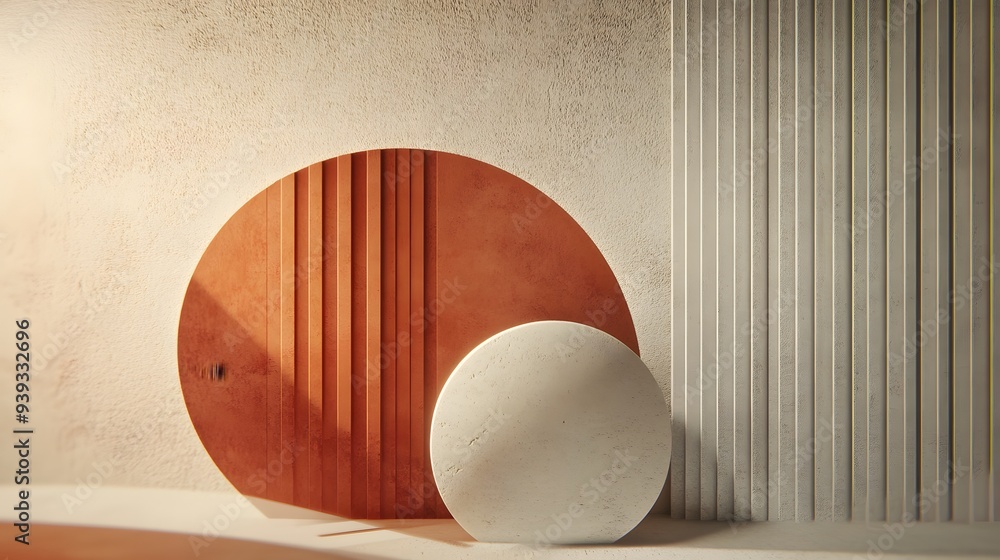 Poster 67. futuristic 3d render of overlapping geometric figures against a textured ceramic circle backgrou