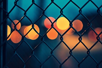 Fototapeta premium A chain-link fence with blurred colorful bokeh lights in the background, creating an artistic effect.