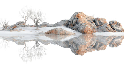 Fototapeta premium Scenic view of winter landscape with rocks, trees, and reflection in calm water, creating a serene and peaceful atmosphere isolated on transparent background PNG