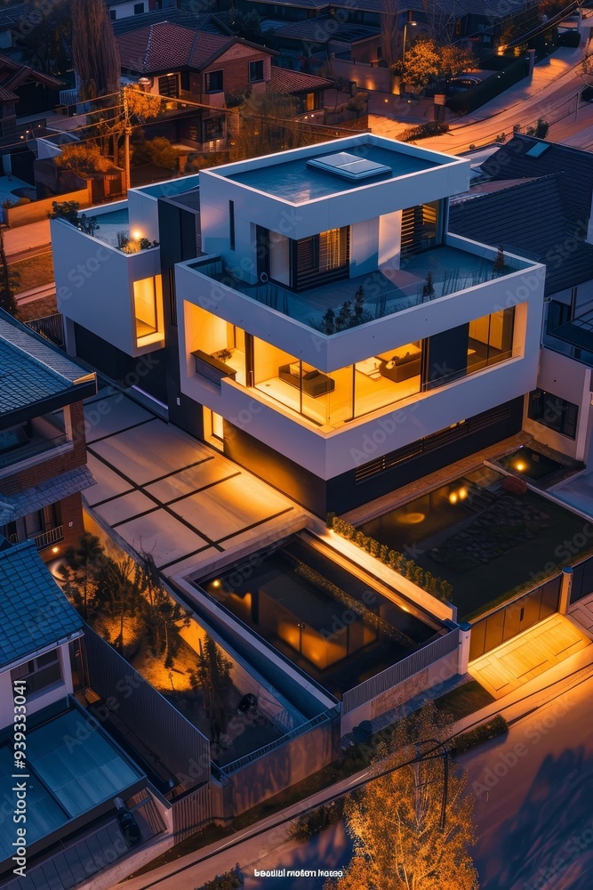 Wall mural A contemporary multi-story house featuring spacious balconies and well-lit interiors, situated in an urban neighborhood at twilight.