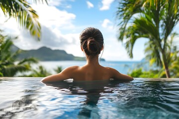Fototapeta premium Frau in einem Infinity-Pool mit Blick auf tropische Landschaft und Ozean
