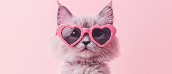 cute cat with heart shaped glasses on pastel background, banner for website design studio, copy space