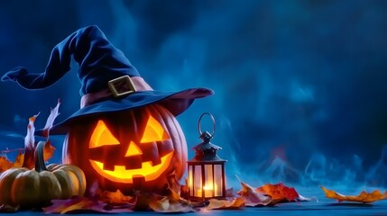 Witch Hat Halloween Pumpkin with Lantern on Blue Background, Spooky Seasonal Decor Concept