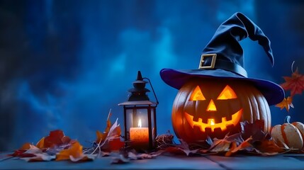 Witch Hat Halloween Pumpkin with Lantern on Blue Background, Spooky Seasonal Decor Concept
