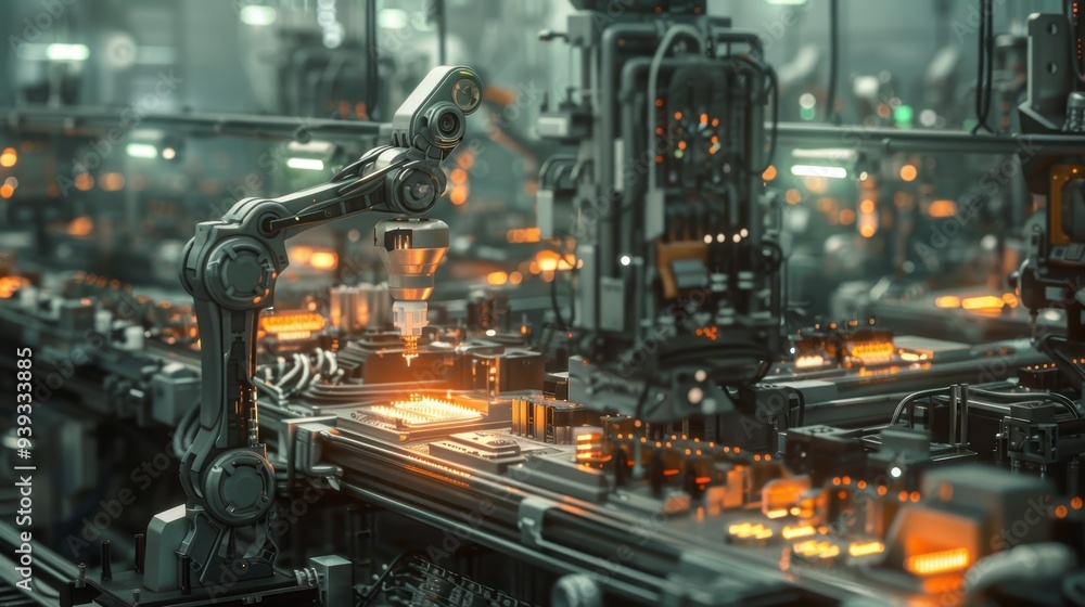 Poster a robotic arm assembling electronics in a high-tech, automated factory with glowing machinery