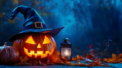 Witch Hat Halloween Pumpkin with Lantern on Blue Background, Spooky Seasonal Decor Concept