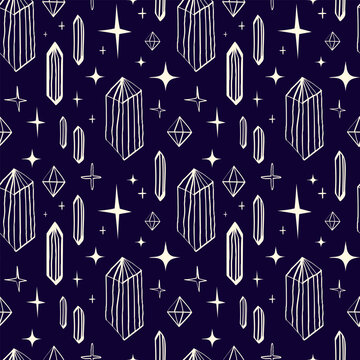 magical crystals and mystical gems seamless pattern. Spiritualistic and magical symbols pattern