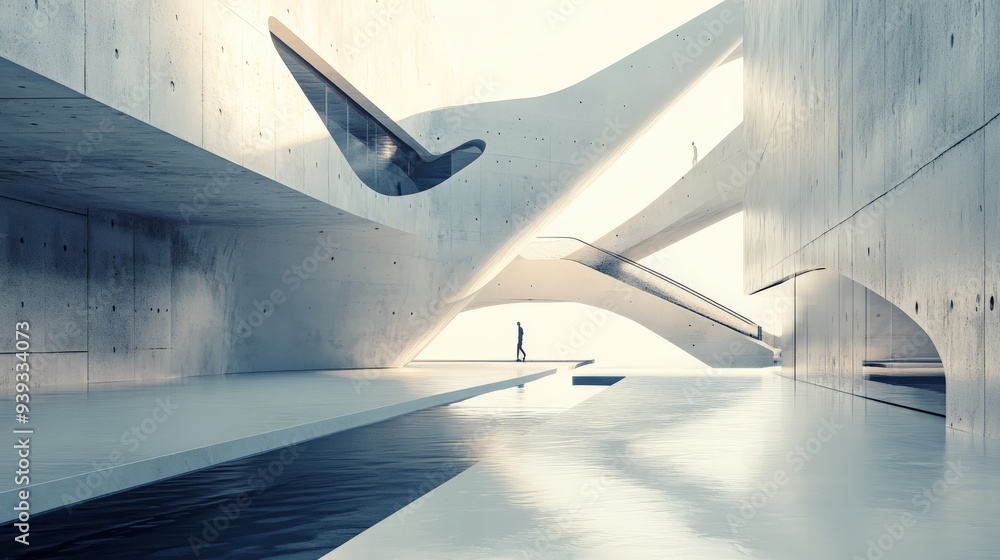 Poster futuristic architectural space with sleek, modern concrete structures and fluid design elements. min