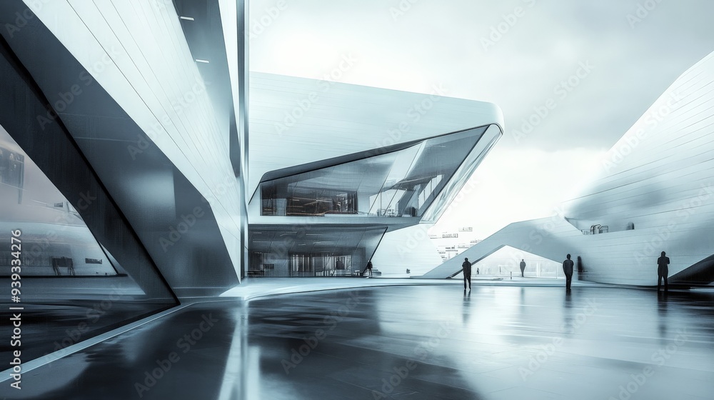 Poster futuristic architecture with sleek, modern design. conceptual urban space with reflective surfaces a