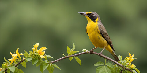 a bird perched on a flowering branch. Sublime and touching scene, representing the wonders of nature.
