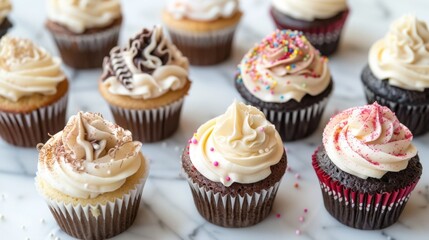 A selection of artisanal cupcakes with swirls of buttercream frosting and decorative sprinkles