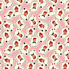 Bright vibrant pattern with Playing cards with Jack and Queen of Spades. Playing cards background