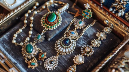 Obraz premium A set of statement jewelry pieces laid out on a velvet tray, featuring bold rings, necklaces, and earrings