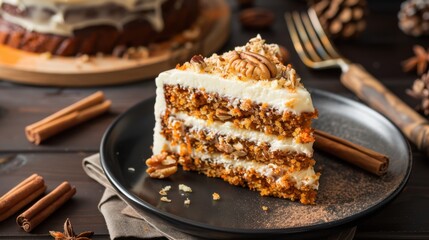 A slice of carrot cake with creamy frosting, topped with walnuts and a sprinkle of cinnamon