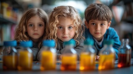 Fototapeta premium Shot capturing children conducting a science experiment in a classroom.