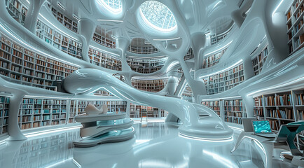A futuristic library with AI-powered knowledge retrieval. Generative AI.