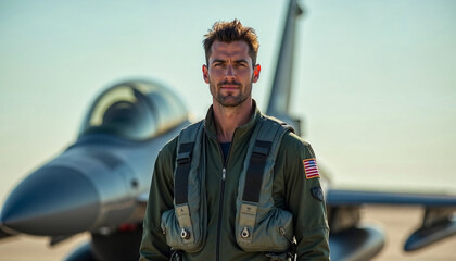 Fototapeta premium A male fighter pilot stands confidently before an F-16 jet, sharply focused and determined, with the jet softly blurred in the background. 