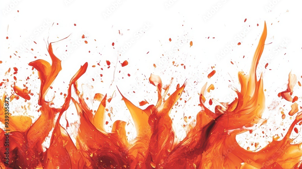 Poster an abstract depiction of vibrant flames with splashes and dynamic movement.