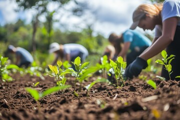 A group of people are working in a field of plants. Scene is one of hard work and dedication to the task at hand.