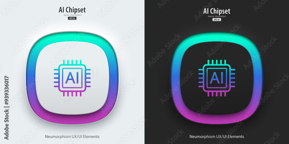 Aufkleber AI processor chip icon. A set of buttons with Chip symbols. Artificial intelligence technology concept. Neumorphism style, UI UX design, Vector illustration.