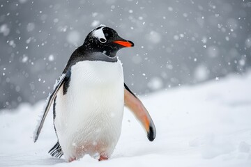 Fototapeta premium Penguin walking in the snow with white feathers and an orange beak, real photo style.