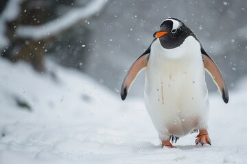 Fototapeta premium Penguin walking in the snow with white feathers and an orange beak, real photo style.