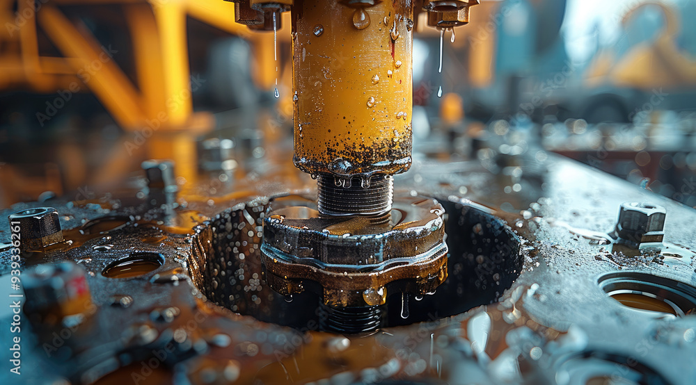 Poster close up of well drilling rig boring down into the earth. generative ai.