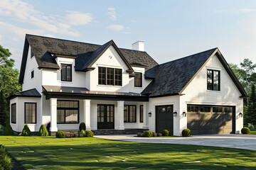 Modern two-story house with a manicured garden, large windows, and a driveway with a car