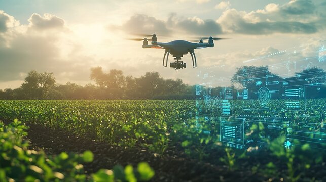 High-tech drone in a green field with data overlay - Powered by Adobe
