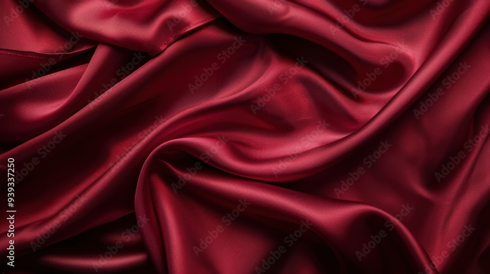Poster a textured background featuring satin fabric in a deep ruby red, with its smooth, flowing texture