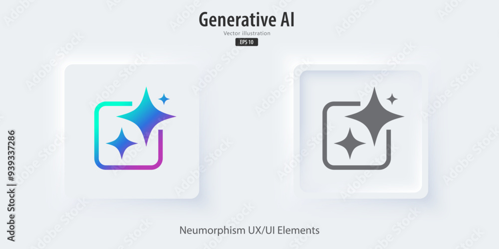 Poster Generate AI icon. A set of 3D buttons active and inactive with icon symbols. Neumorphism style, UI UX design for app and web. Vector illustration.