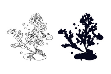 Line sketch,silhouette,stamp of shaggy seaweed with fish and shells.Vector graphics.